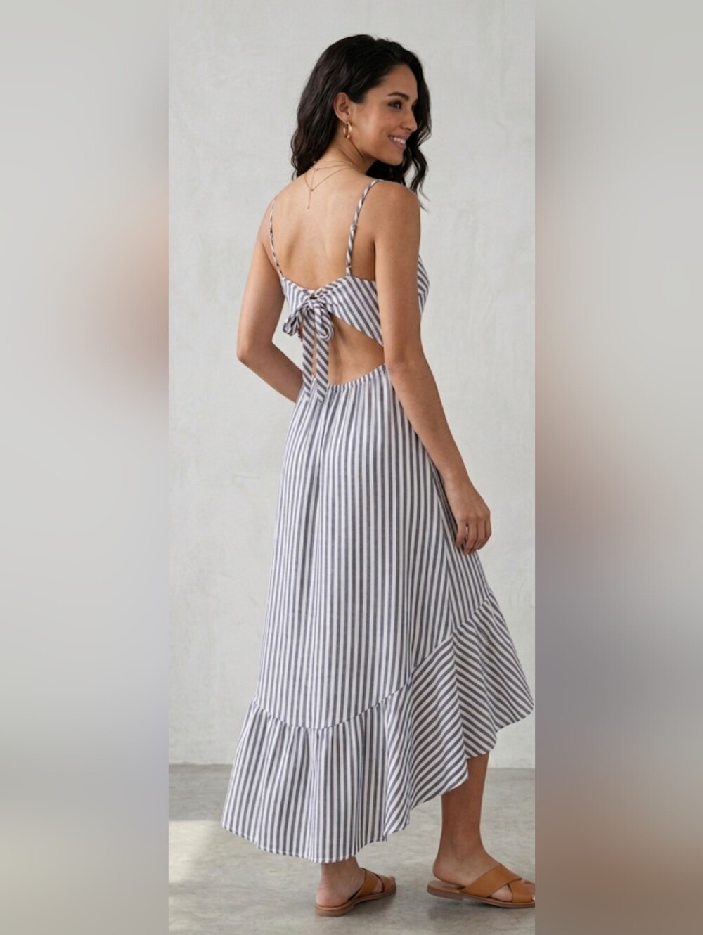 ​Mustard Seed Blue White Striped High Low Dress Lace Up Back L Large